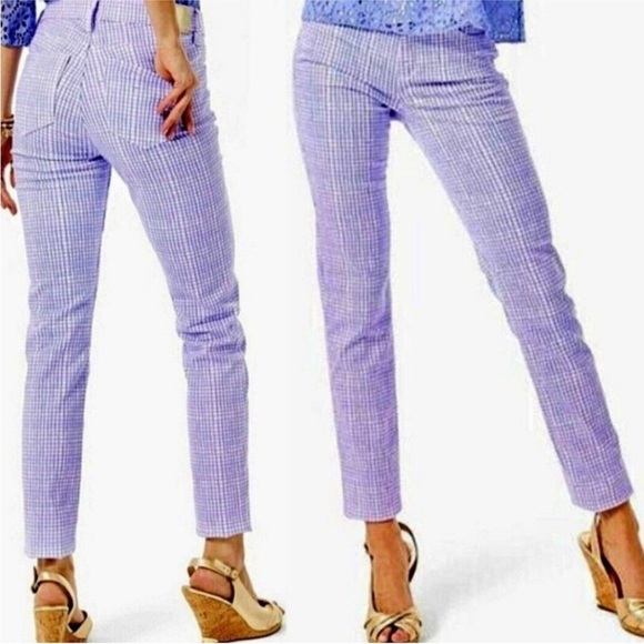 LILLY PULITZER South Ocean High Rise Gingham Verbena Light Lilac Skinny Pants 2 - Picture 1 of 16